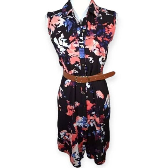 APT.9 BLACK W/PINK & PURPLE FLOWERS SLEEVELESS SHIRT DRESS SZ.XS EUC. - Picture 3 of 8